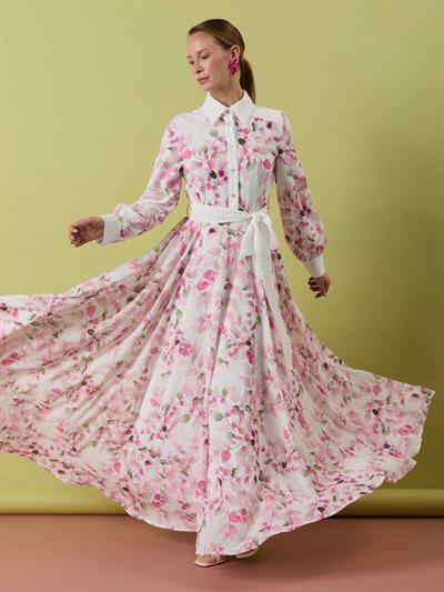 A50305 Aguaje Desenli Beli Kuşaklı Elbise / PEMBE