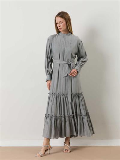A50505 Aguaje Beli Kuşaklı Elbise / GÜMÜŞ