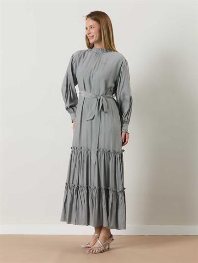 A50505 Aguaje Beli Kuşaklı Elbise / GÜMÜŞ
