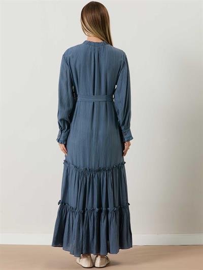 A50505 Aguaje Beli Kuşaklı Elbise / İNDİGO