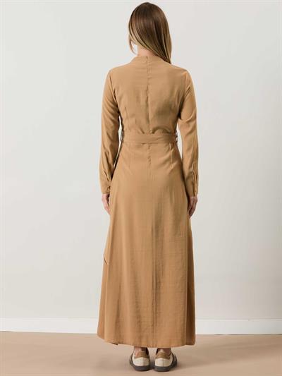 A50545 Aguaje Fermuar Detaylı Piliseli Elbise / CAMEL