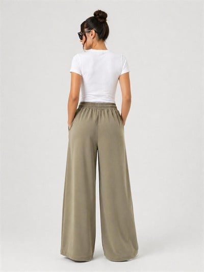 A60016  Aguaje Beli Lastikli Bağlamalı Bol Paça Pantolon / HAKİ