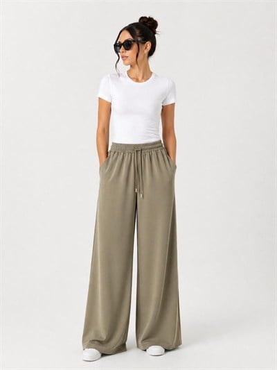 A60016  Aguaje Beli Lastikli Bağlamalı Bol Paça Pantolon / HAKİ