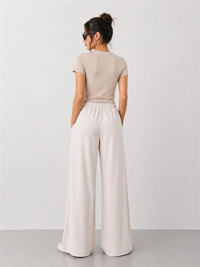 A60016  Aguaje Beli Lastikli Bağlamalı Bol Paça Pantolon / KREM