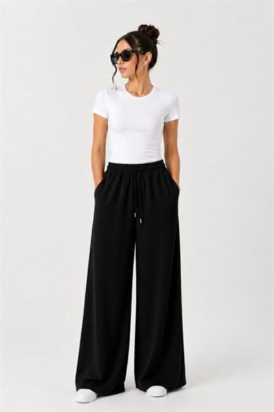 A60016  Aguaje Beli Lastikli Bağlamalı Bol Paça Pantolon / SİYAH