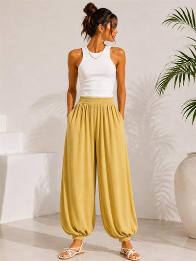 A60066 Aguaje Beli Lastikli Şalvar Pantolon / HARDAL