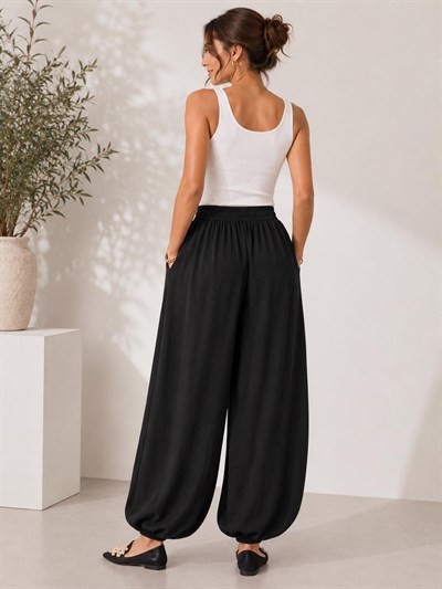 A60066 Aguaje Beli Lastikli Şalvar Pantolon / SİYAH