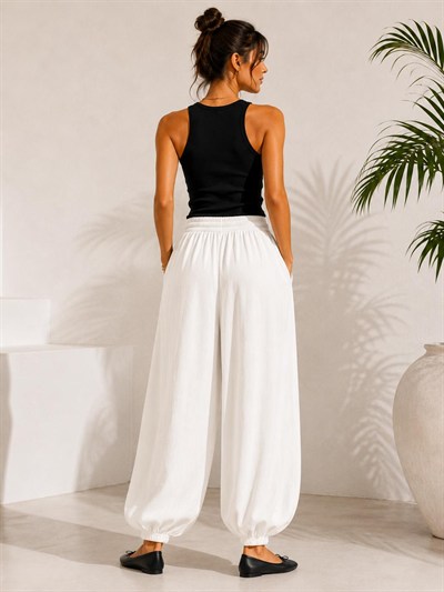 A60066 Aguaje Beli Lastikli Şalvar Pantolon / BEYAZ