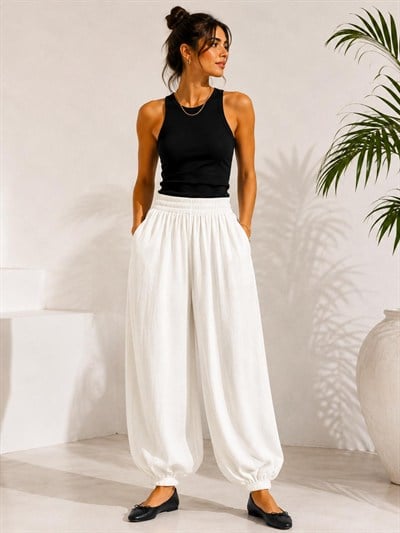A60066 Aguaje Beli Lastikli Şalvar Pantolon / BEYAZ