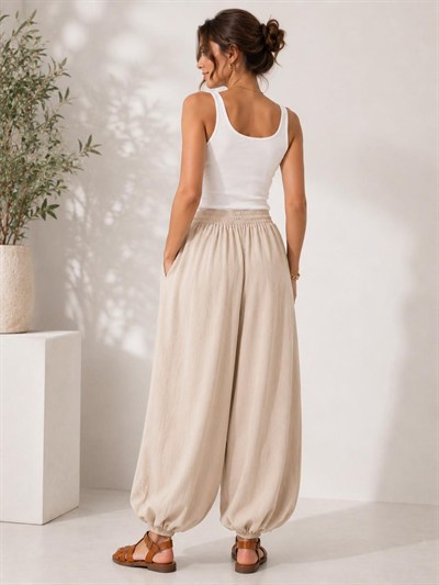 A60066 Aguaje Beli Lastikli Şalvar Pantolon / BEJ