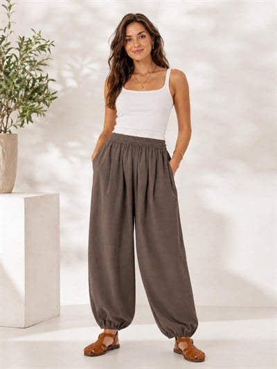 A60066 Aguaje Beli Lastikli Şalvar Pantolon / KAHVE