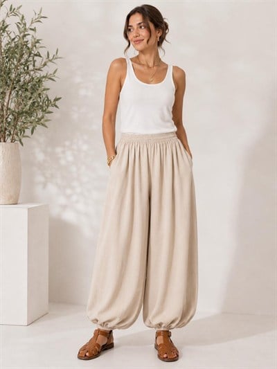 A60066 Aguaje Beli Lastikli Şalvar Pantolon / BEJ