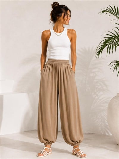 A60066 Aguaje Beli Lastikli Şalvar Pantolon / CAMEL