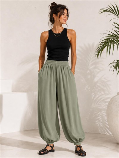 A60066 Aguaje Beli Lastikli Şalvar Pantolon / HAKİ
