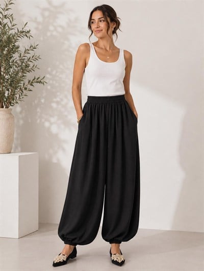 A60066 Aguaje Beli Lastikli Şalvar Pantolon / SİYAH