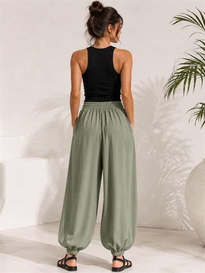 A60066 Aguaje Beli Lastikli Şalvar Pantolon / HAKİ