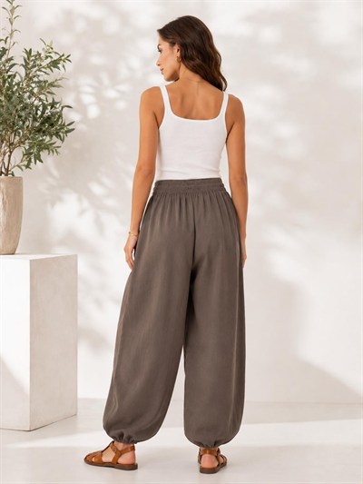 A60066 Aguaje Beli Lastikli Şalvar Pantolon / KAHVE