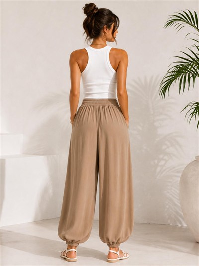 A60066 Aguaje Beli Lastikli Şalvar Pantolon / CAMEL