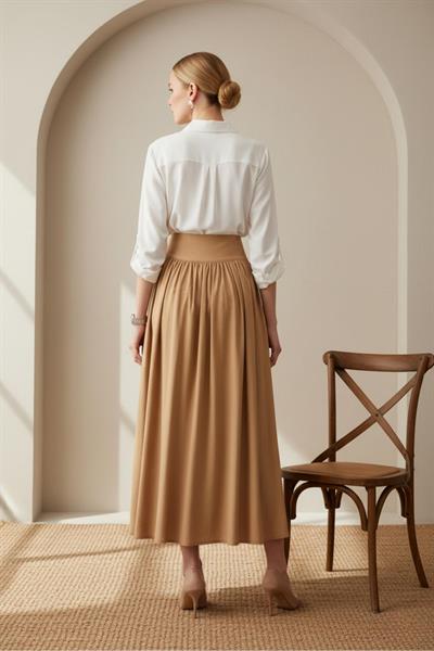 A60545 Aguaje Kumaş Kaplamalı Düğmeli Etek / CAMEL