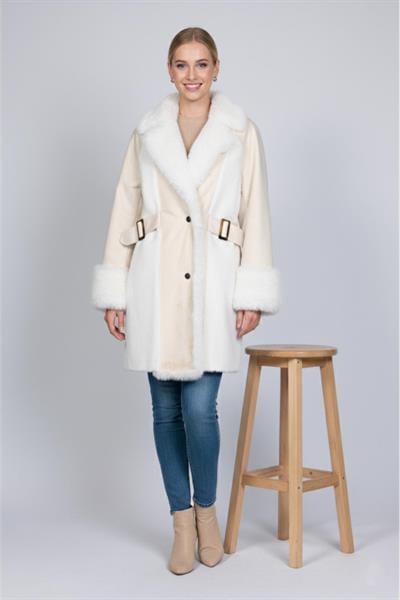 A702944 Aguaje Yakası Kürklü Beli Tokalı Kaban / KREM