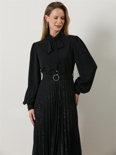A70505 Aguaje Pilise Detaylı Elbise / SİYAH