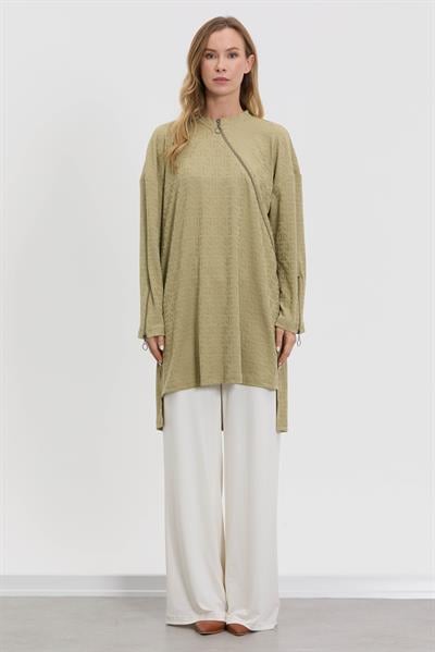 M10014 Melidia Fermuar Detaylı Tunik / YAĞ YEŞİLİ