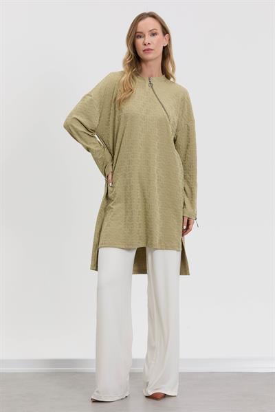 M10014 Melidia Fermuar Detaylı Tunik / YAĞ YEŞİLİ