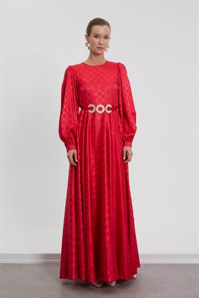 M70674 Melidia Kemeri Taşlı Elbise / KIRMIZI
