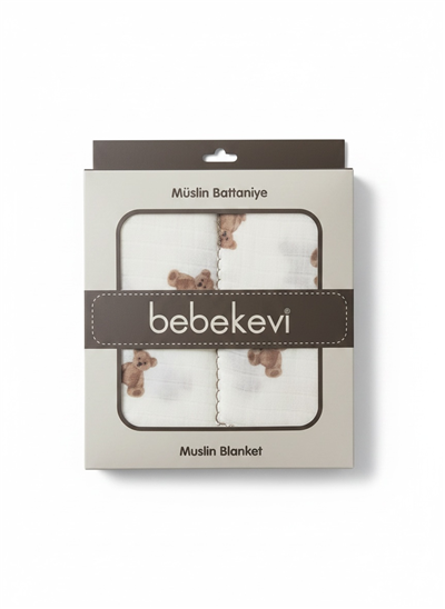Bebekevi Ayıcık Desen Müslin Battaniye Ekru