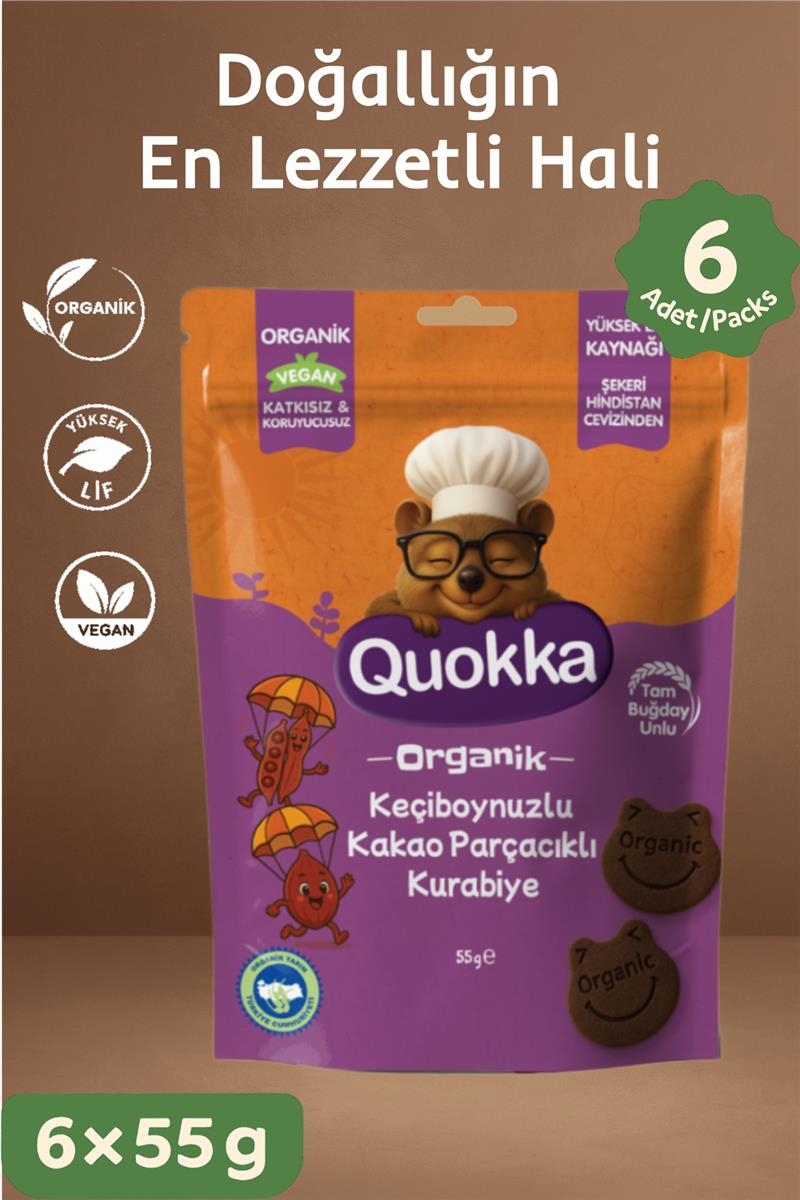 Quokka Organik Keçiboynuzlu Kakao Parçacıklı Kurabiye 55 gr Atıştırmalık Paketi - 6 adet