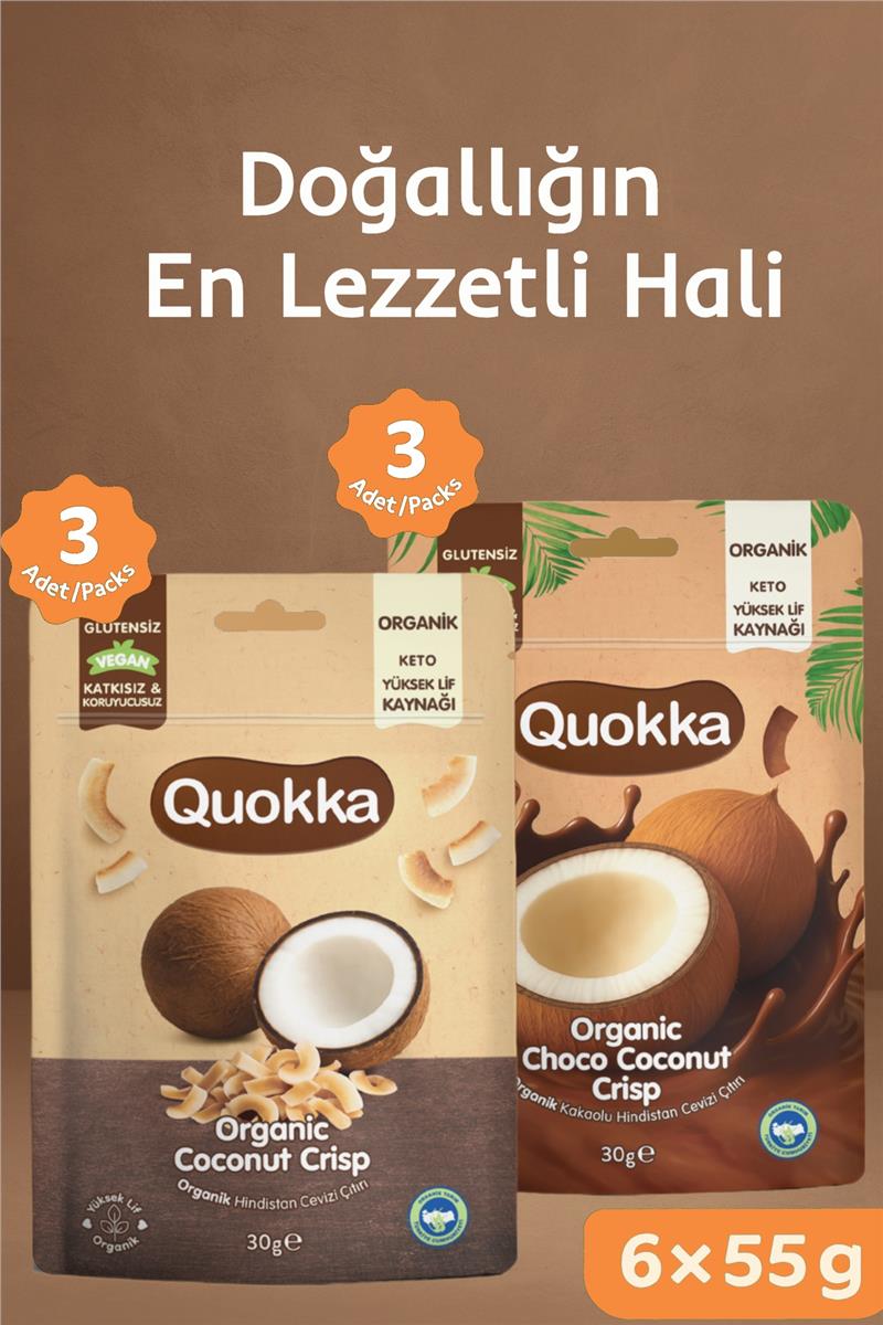 Quokka Organik Sade & Kakaolu Hindistan Cevizi Çıtırı Atıştırmalık Paket- 6 adet (2 çeşit)