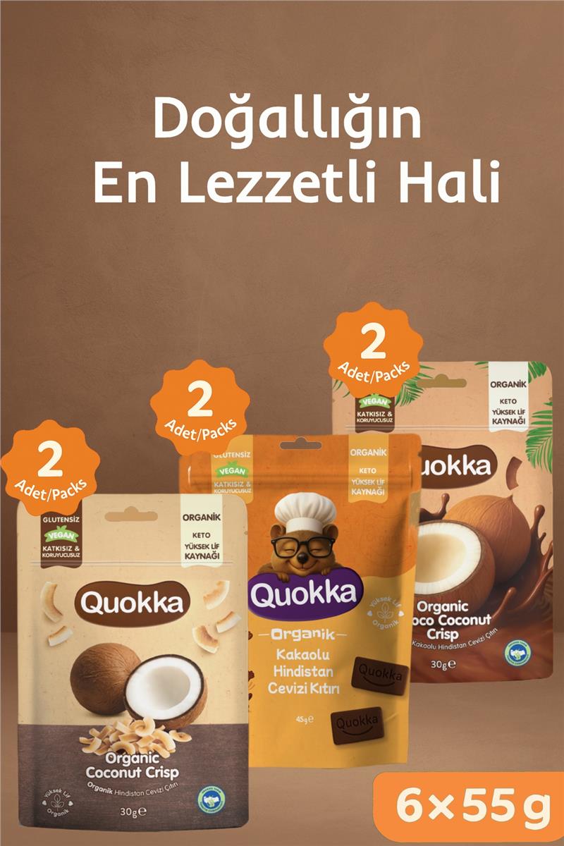 Quokka Organik Sade & Kakaolu Hindistan Cevizi Çıtırı & Kakaolu Hindistan Cevizi Kıtırı Atıştırmalık Paket- 6 adet (3 çeşit)