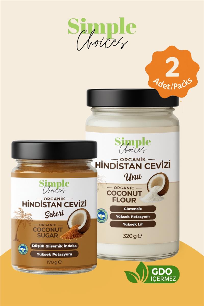 Simple Choices Organik Hindistan Cevizi Unu 320 gr +  Organik Hindistan Cevizi Şekeri -170 gr Cam Şişe