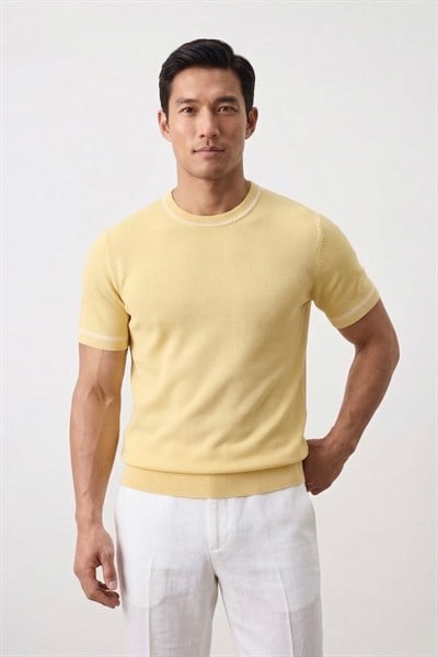 Classic Fit Kısa Kollu Bisiklet Yaka Triko Limon