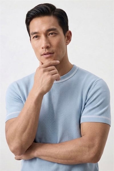 Classic Fit Kısa Kollu Bisiklet Yaka Triko Açık Mavi