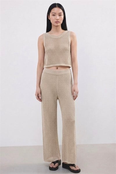 Delikli Crop Plaj Atlet Bej