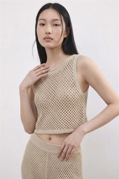 Delikli Crop Plaj Atlet Bej