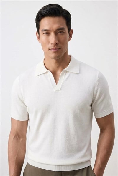 Polo Yaka Rayon Triko Kazak Beyaz
