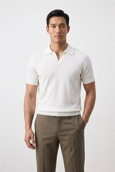 Polo Yaka Rayon Triko Kazak Beyaz