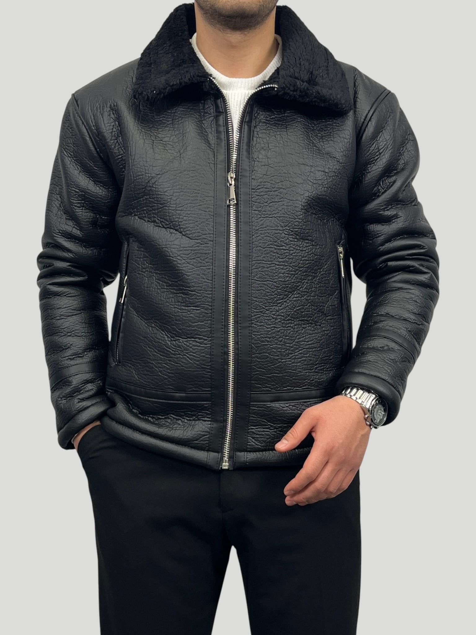 Erkek Lüks Tasarım Slim Fit Kalıp Düz Dokulu Kalın Deri Mont - Siyah