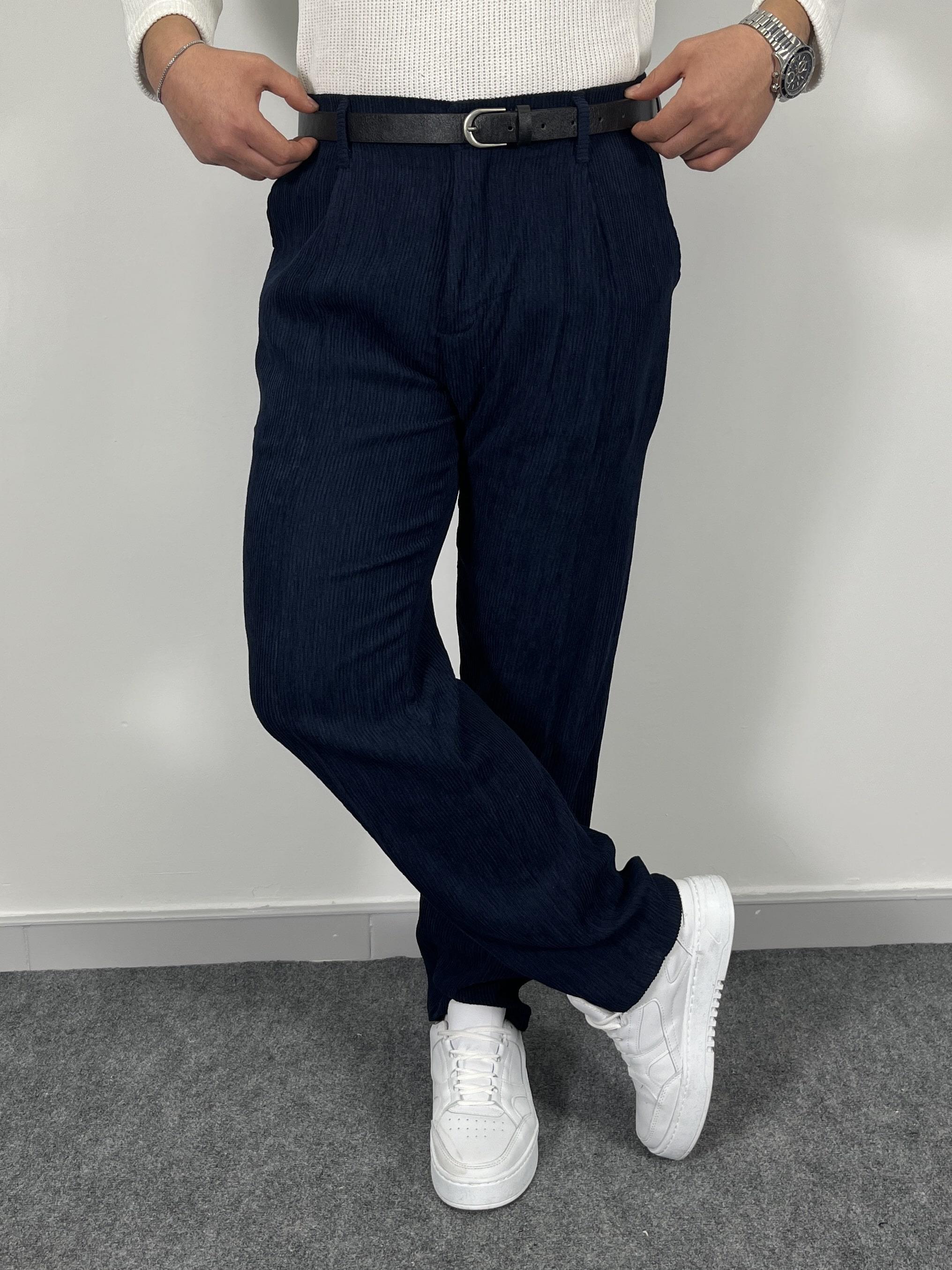Erkek Premium İnce Fitilli Yarı Baggy Kalıp Kadife Pantolon-Lacivert