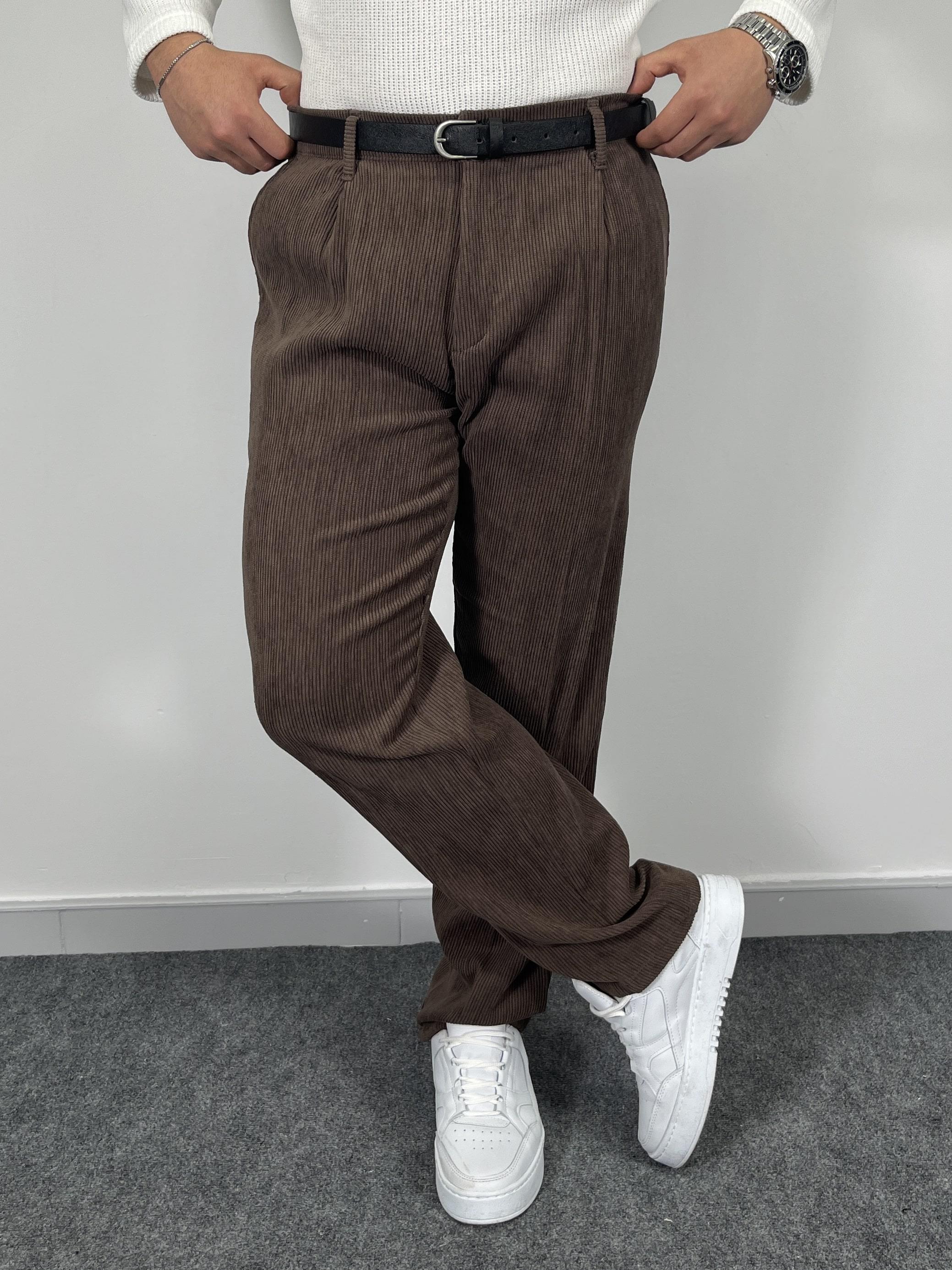 Erkek Premium Kadife İnce Fitilli Yarı Baggy Kalıp Pantolon - Kahverengi