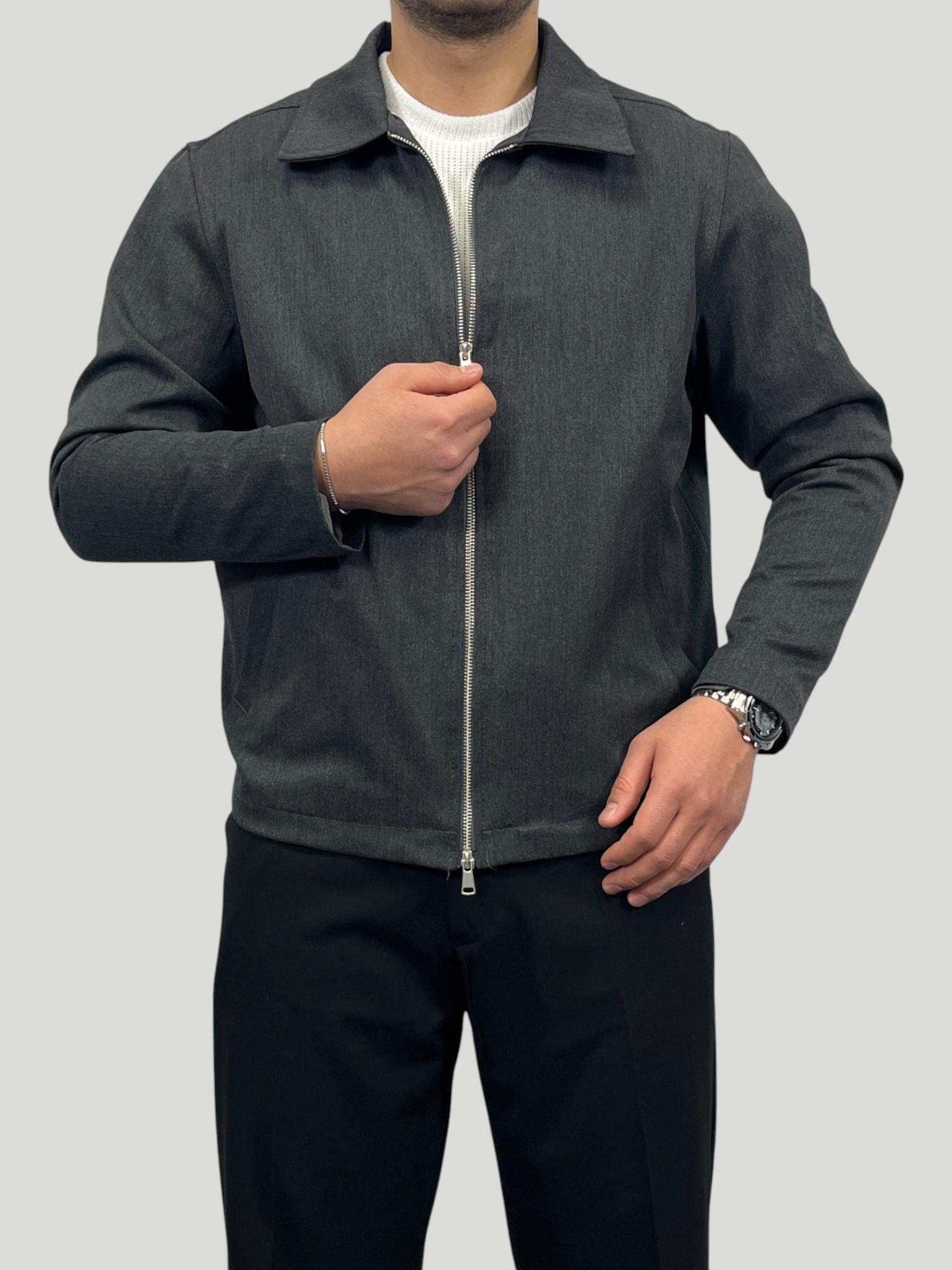 Erkek Premium Koleksiyon Oversize Kalıp Çift Fermuarlı Düz Gabardin Kumaş Ceket - Füme