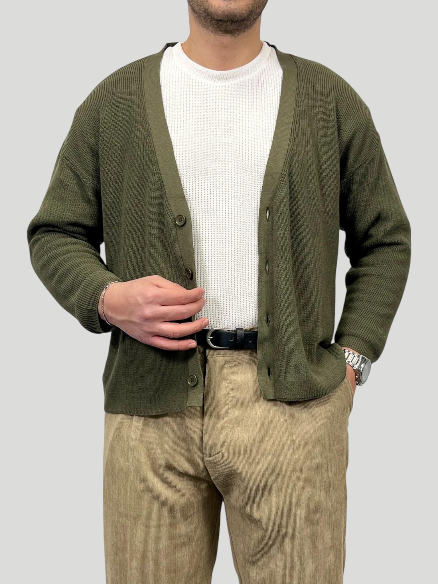 Erkek Sık Dokuma  Örgü Crop Kesim Oversize Hırka Ceket - Haki