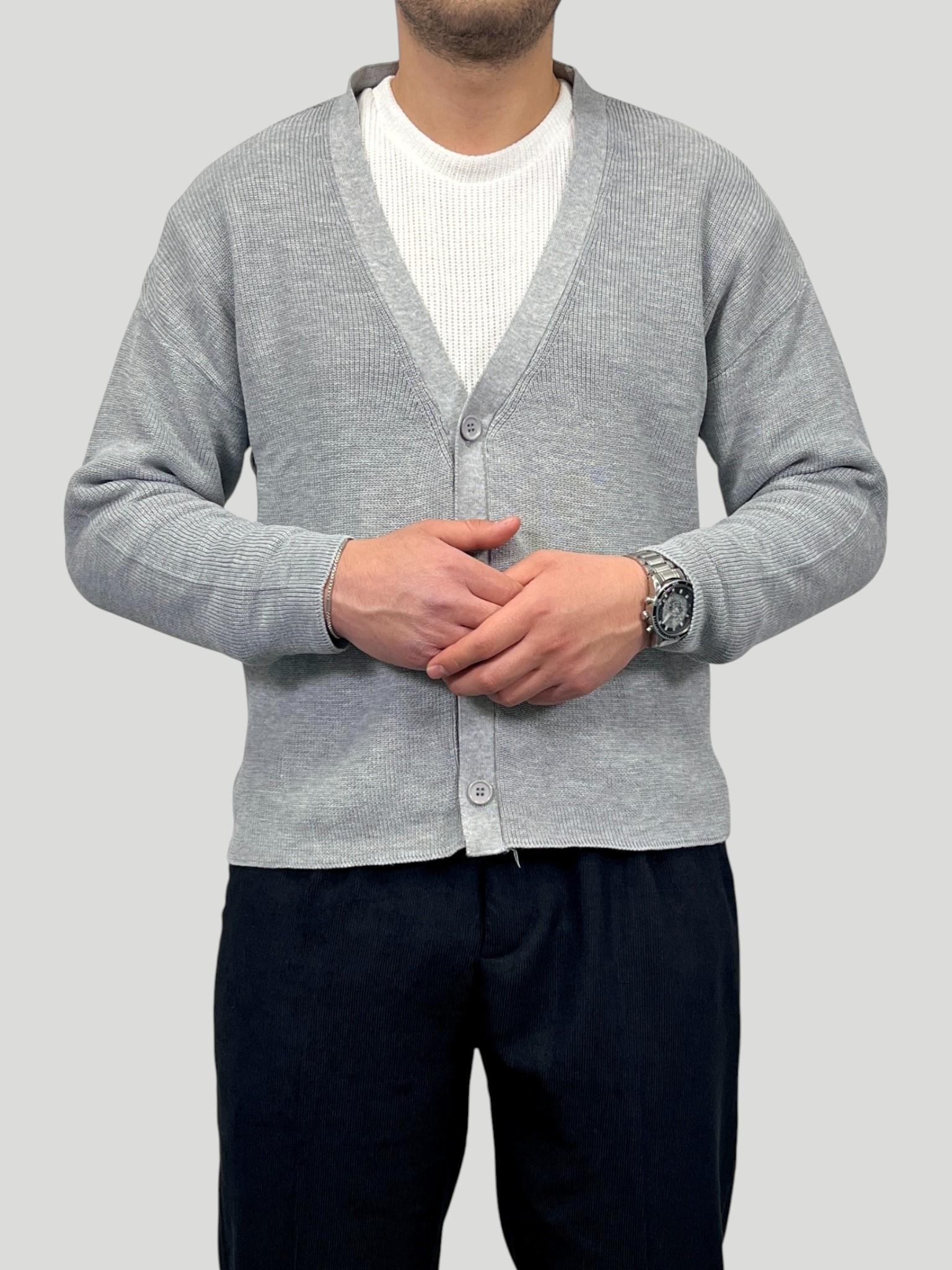 Erkek Sık Dokuma  Örgü Crop Kesim Oversize Hırka Ceket - Gri