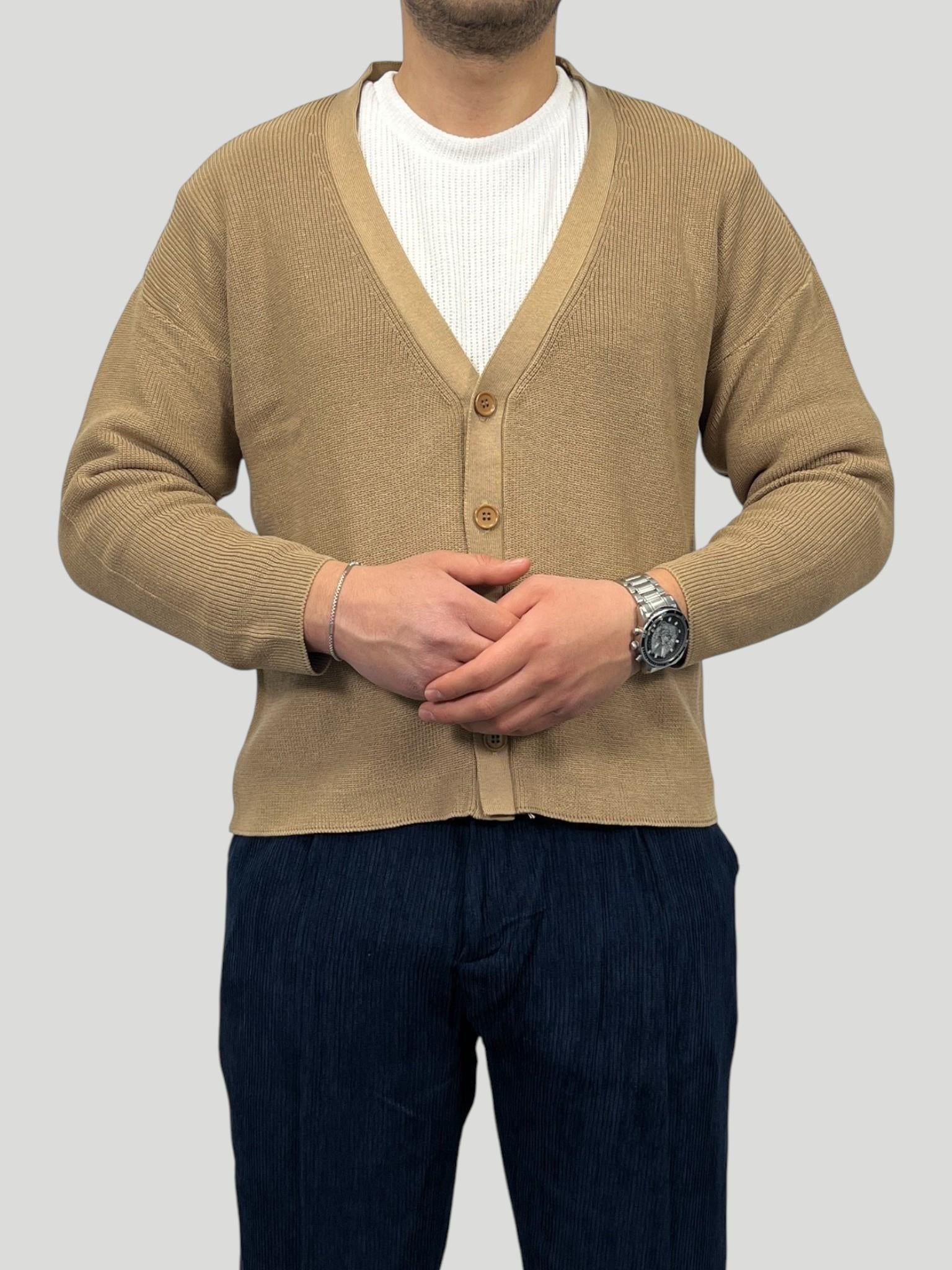 Erkek Sık Dokuma  Örgü Crop Kesim Oversize Hırka Ceket - Camel