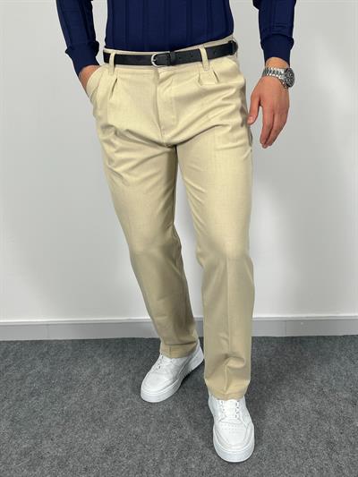 Erkek Havanna Modern Baggy Kalıp Beli Lastikli Kumaş Pantolon -Krem