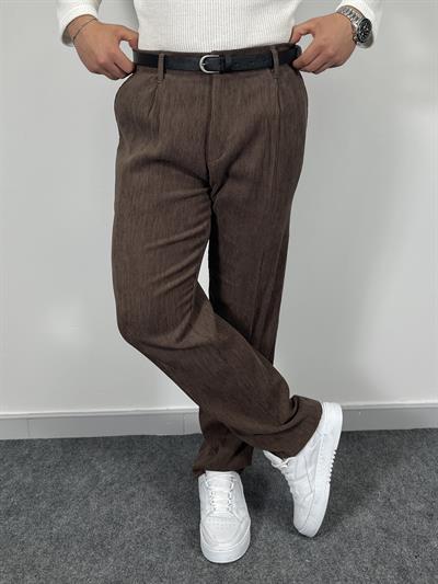 Erkek Premium Kadife İnce Fitilli Yarı Baggy Kalıp Pantolon - Kahverengi