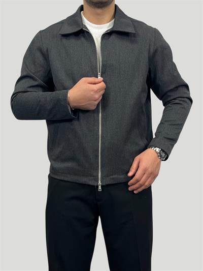 Erkek Premium Koleksiyon Oversize Kalıp Çift Fermuarlı Düz Gabardin Kumaş Ceket - Füme
