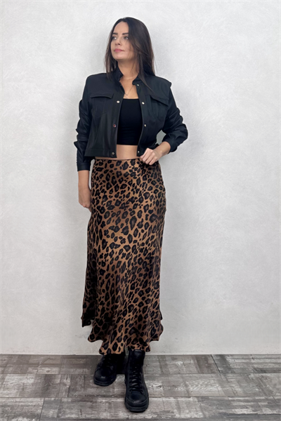 A Kesim Leopar Saten Etek - Kahve Siyah